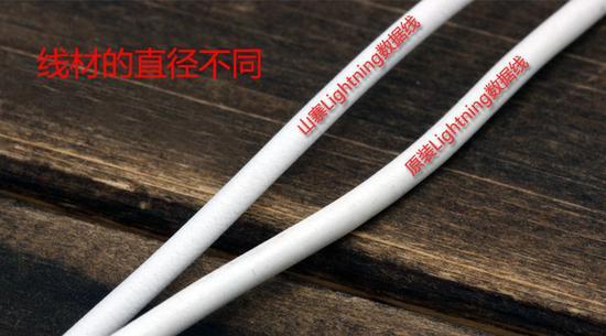 原装数据线与山寨(高仿)数据线直径对比(图片引自百度贴吧)