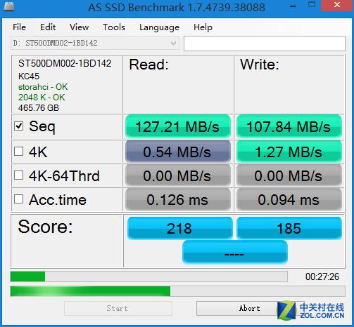 希捷500GB机械硬盘读取速度127.21MB/s,写入速度为107.84MB/s