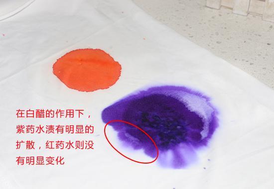 将白醋倒在红/紫药水渍上