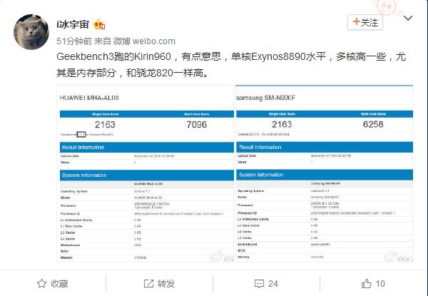 Geekbench3麒麟960跑分对比