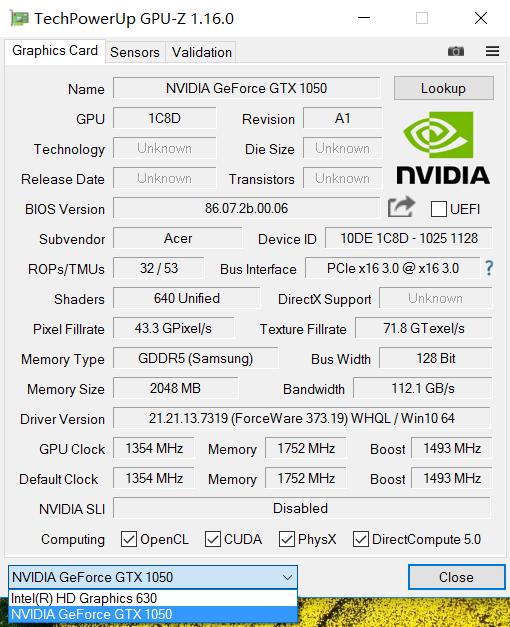 GTX 1050独立显卡信息