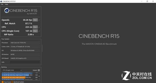 CINEBENCH R15单核心成绩107cb
