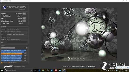 Cinebench R15 多核502CB 单核139CB