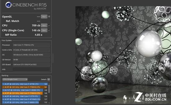 Cinebench R15:多核709CB 单核146CB