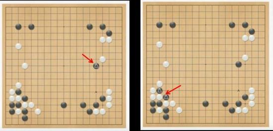 图左:第二局里,第37步,黑棋的落子位置图右:之前貌似陷入困境的两个棋子。