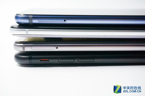 四款手机左侧按键图(从上到下依次为:华为P10 Plus、HTC U Ultra、魅族Pro 6 Plus、iPhone 7 Plus)