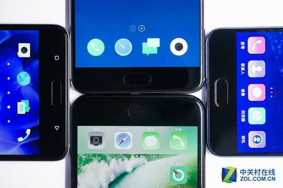四款手机指纹识别图(上:魅族Pro 6 Plus、下:iPhone 7 Plus、左:HTC U Ultra、右:华为P10 Plus)