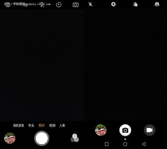拍照界面(左:努比亚Z17mini;右:荣耀8)