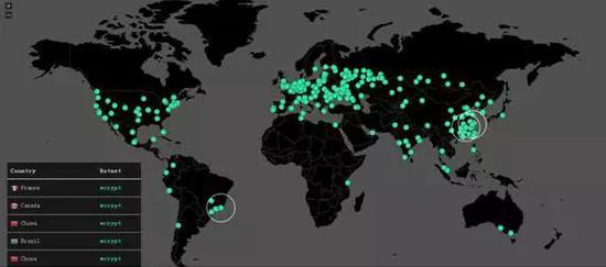 世界各地感染WannaCry的实时监控图,图片来自网络