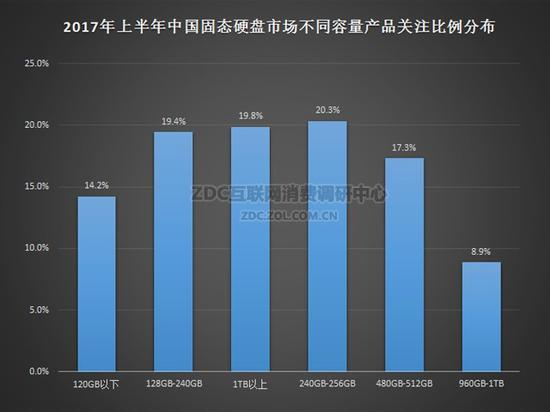 2017年上半年中国固态硬盘市场不同容量产品关注比例分布