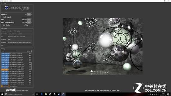 Cinebench R15 多核739CB 单核155CB