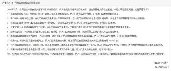 图:海底捞官网公布的7月份食品问题清单