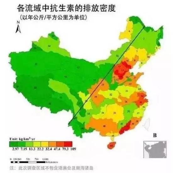 中国在抗生素的使用上,可划分成明显的东部和西部两个部分,东部的抗生素排放量强度是西部的6倍以上。