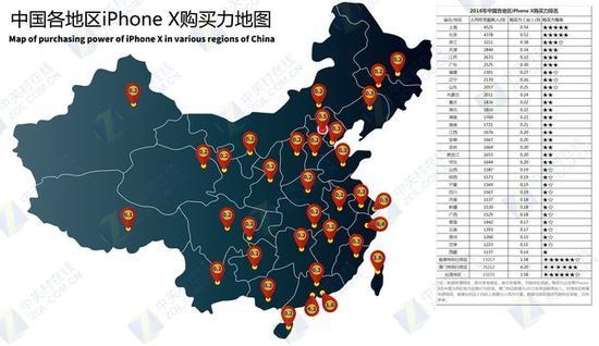 中国各地区iPhone X购买力分布