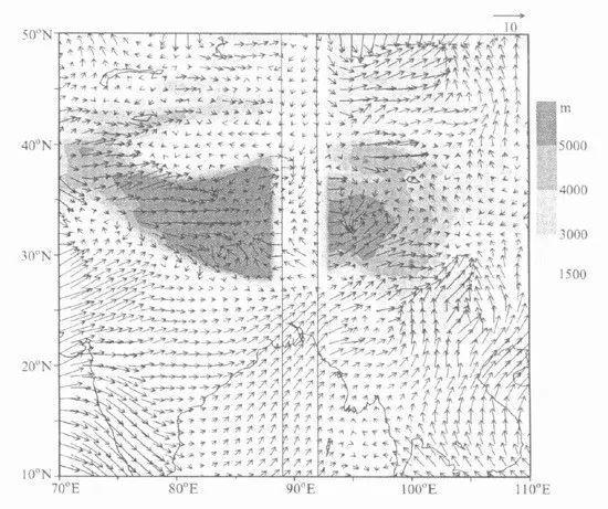 在高原中部区域开一个大口子所对应的大气低层(850hPa)风场变化,在口子内部南侧有向北的风矢量,在通道北侧有向南的风矢量。图片来自于陈红等(2001)