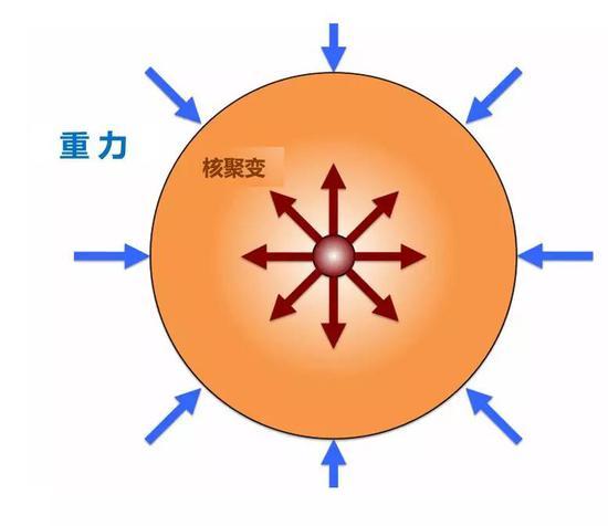 (使恒星向内坍缩的重力与使恒星向外膨胀的核聚变反应在主序恒星阶段达到平衡。原始图片来源:http://large.stanford.edu/courses/2011/ph241/olson1/)