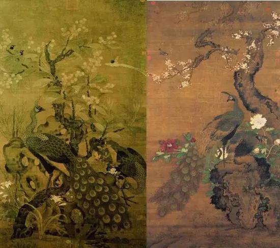 宋·崔白,枇杷孔雀图(左) 明·吕纪,《杏花孔雀图》(右) 台北故宫博物院藏