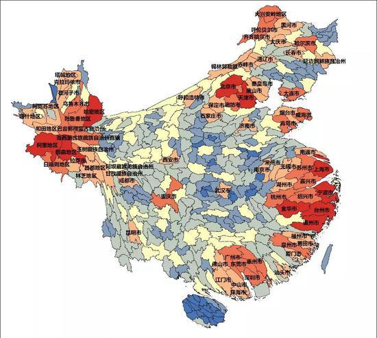 ▲附图3 人口迁出加权迁徙半径变形统计地图