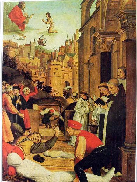 《圣塞巴斯蒂安为遭受瘟疫的人代祷》艺术家:Josse Lieferinxe 年份:1497年~1499年 类型:布面油画 收藏地:Walters Art Museum,巴尔的摩