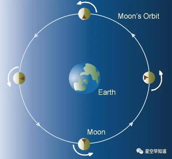 图二:中间是地球,月球围绕地球公转。请注意,图中太阳在左侧,阳光会照亮半个月球。根据月球上的标记物,你会留意到,随着月球公转一周,它的地表各处都经历了白天和夜晚。所谓“月之暗面”是不存在的谣言