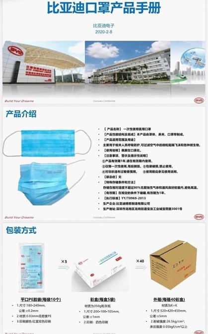 网传比亚迪口罩产品手册