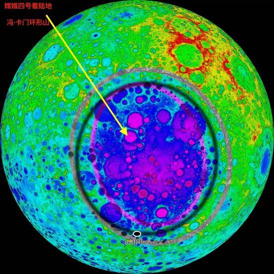 南极-艾特肯盆地的地形图复杂程度远超其他地方,图中标注处即冯·卡门环形山(图修改自:Garrick-Bethell and Zuber)