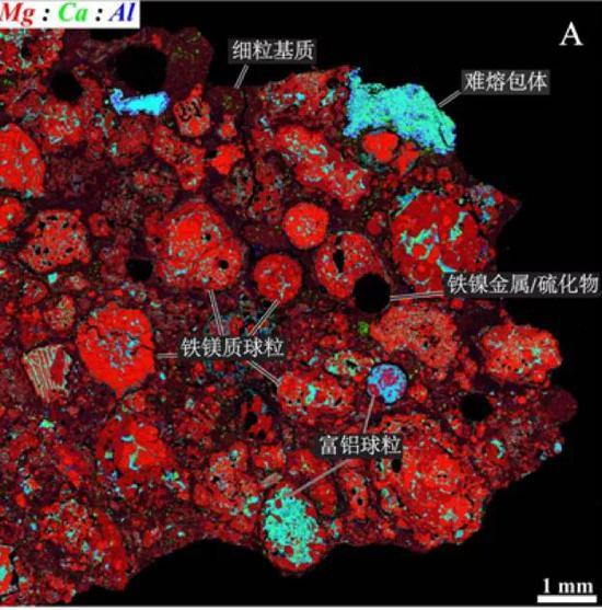 图1 CR碳质球粒陨石元素分布组合图(钙-绿色;镁-红色;铝-蓝色)(Krot, 2013)