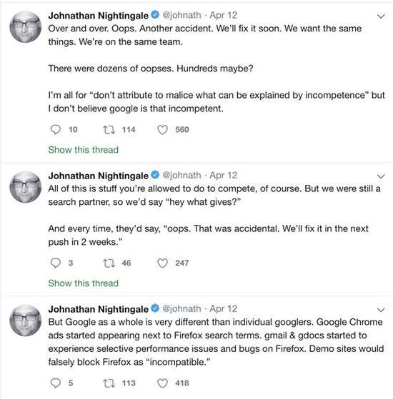 Mozilla前高管连发数十条‘吐槽’谷歌| Johnathan Nightingale部分推特截屏