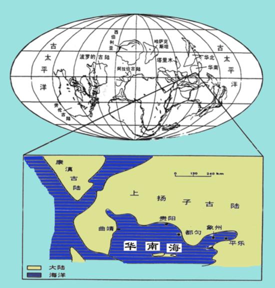 ▲4亿年前云南曲靖水下艺术想象图和位置地图(图片由朱敏提供)