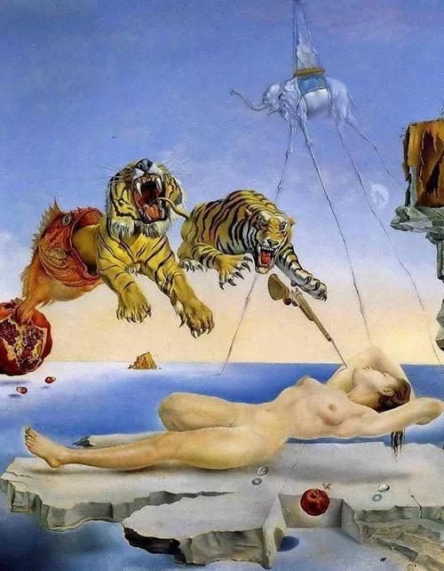 萨尔瓦多·达利《飞舞蜜蜂引起的梦境》(The Dream Caused by the Flight of a Bee),1944年。图源:Learnodo Newtonic