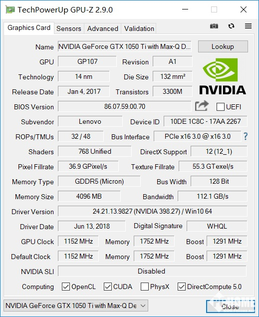 NVIDIA GTX1050Ti with Max-Q独立显卡