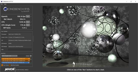 ▲CineBench R15 测试