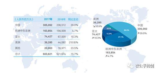 2017年华为营业收入洲际分布,来源:华为2017年年报