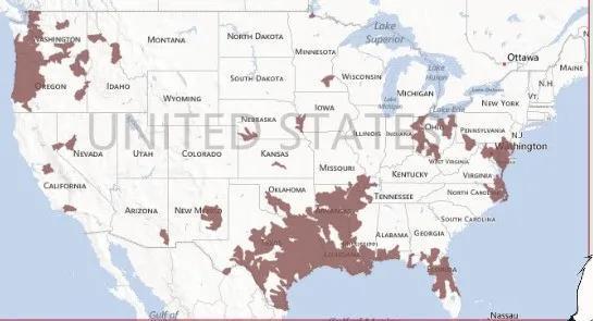 獭狸在美国的入侵范围 图片来源:USGS