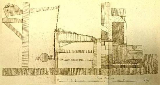 欧洲水轮驱动的楔形木扇结构图(Henning Calvör。 Historical Chronological and Mechanical Facts in Relation to Metallurgy in Upper Hercynia。 1763。)
