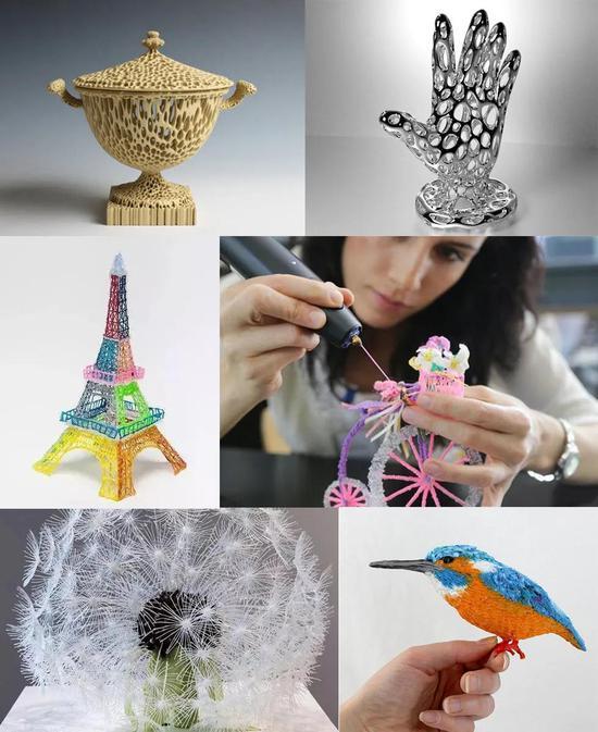 3D打印工艺品(上)和3D打印笔作品(中下)。| 素材来自网络