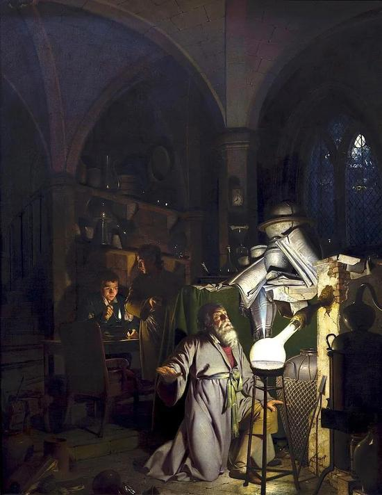 The Alchemist Discovering Phosphorus (1771) by Joseph Wright 。这幅画的完整标题是:“寻找哲人石的炼金术士发现了磷,他在祈祷自己的操作可以成功,就像古代化学占星术士的笔记一样。”  图源:Wikipedia