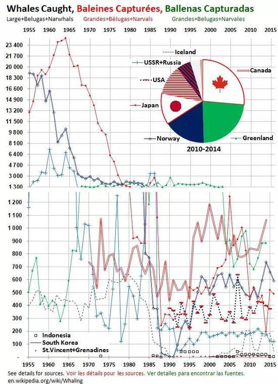1995至2016年国家间捕鲸数目统计。图片来源:Wikipedia