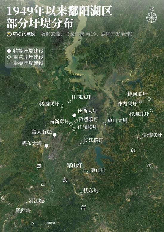 1949年以来鄱阳湖区部分圩堤分布 | 制图@Monologue/可视化星球