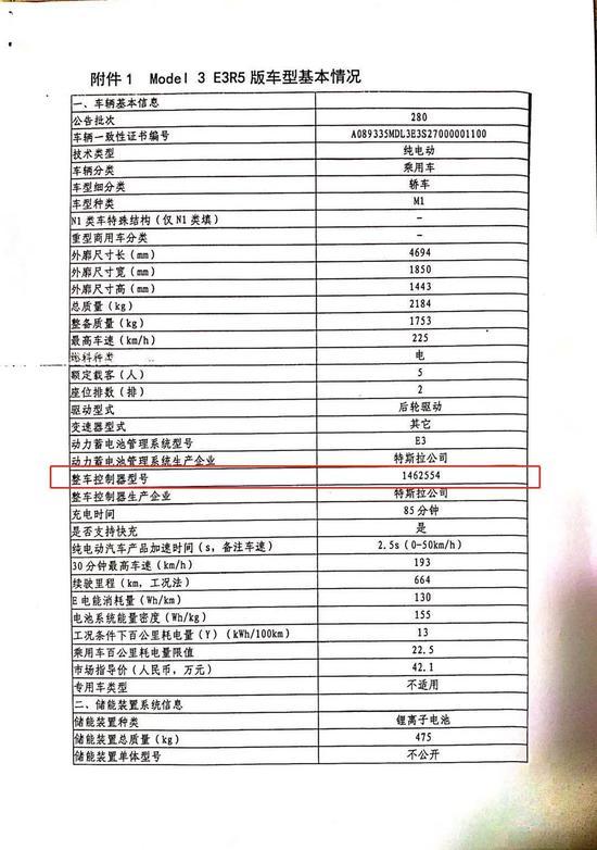 ▲工信部提供的特斯拉进口Model 3车型基本情况