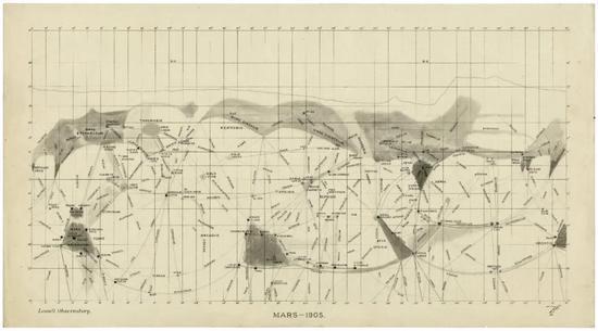 1905年,罗威尔的火星地图已经变得有些奇异,综合交错的“运河”从两极向赤道延申,途径的黑点是沙漠中的“绿洲”。