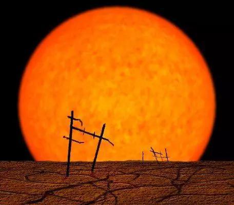 (艺术家想象的从地球上看到的红巨星状态的太阳。图片来源https://www.cs.mcgill.ca/~rwest/wikispeedia/wpcd/wp/r/Red_giant.htm)