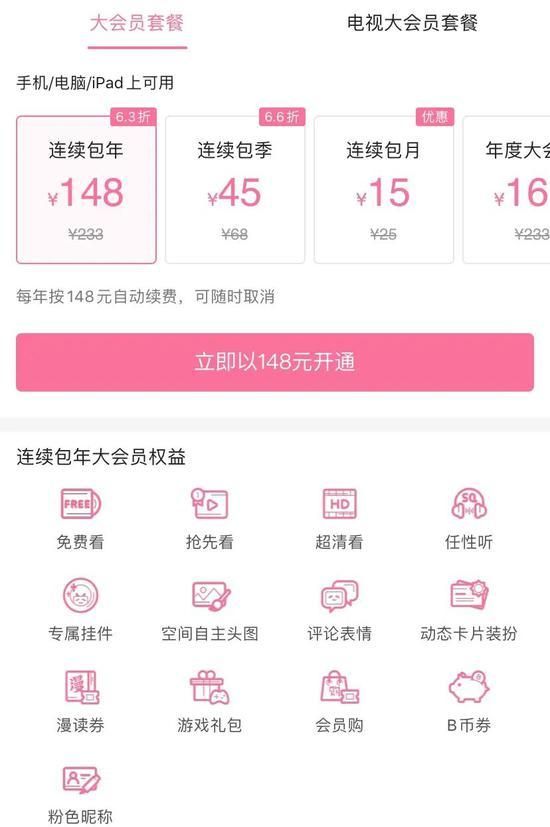 B站大会员开通页面,图源B站