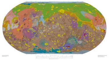 火星全球地质图。不同色块表示不同的地质单元。来源:USGS