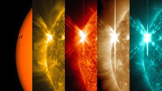 从不同波段观察到的一次耀斑爆发现象 图片来源:NASA