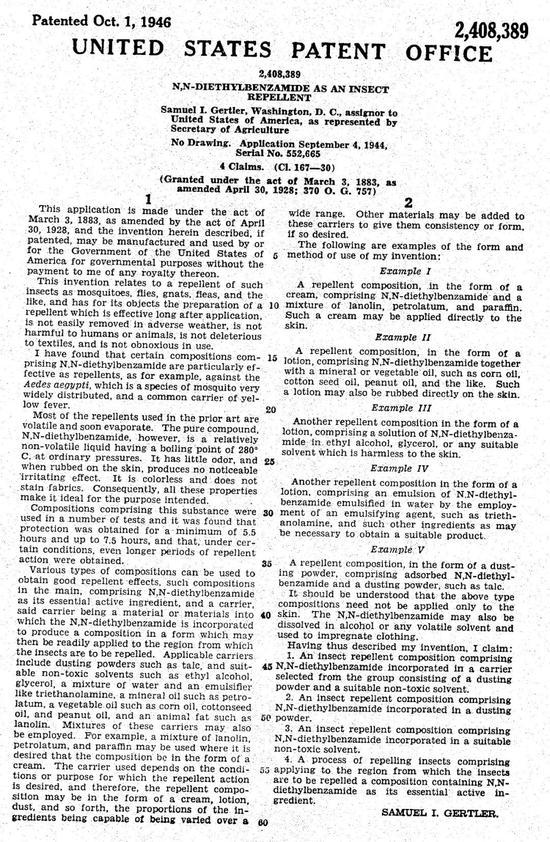 DEET的专利全文(图片来源:美国国家专利局)