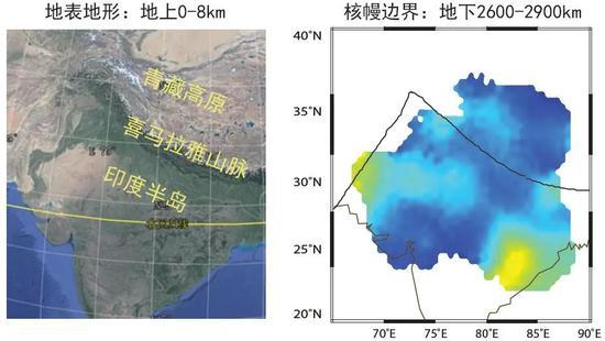 图5 研究区地形图及核幔边界速度变化图(结果速度变化图中:蓝色为高速,代表俯冲结构,黄色为低速,代表化学异常体或熔体。)(图片来源:左图来自谷歌地球,右图来自中科院青藏高原所。)