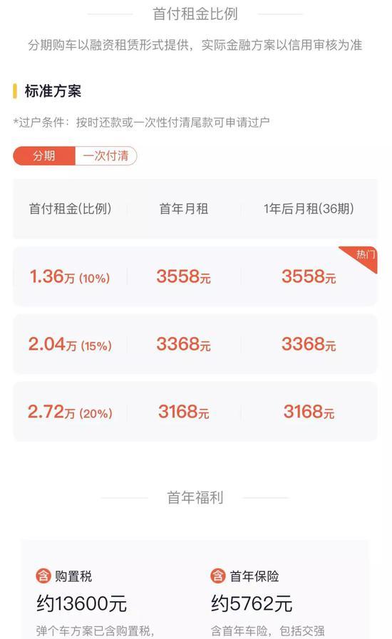 弹个车平台上该车的金融方案截图