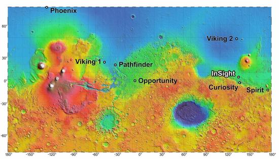 人类登陆火星最给力的几架探测器在火星地表的分布图。新一代仪器的主要目的是实现人类“跟着水走”的21世纪火星探测策略。|Credit:NASA/JPL