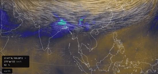 北京时间2021年1月3日11时,NCEP模式结果70hPa(18.5km)的对流层顶-平流层底层相对湿度大小。黄色为相对干燥区,蓝色为相对湿润区;绿圈为丽江附近,可以看到当地和西侧横断山区出现了显著的局地“湿润区” | earth.nullschool.net